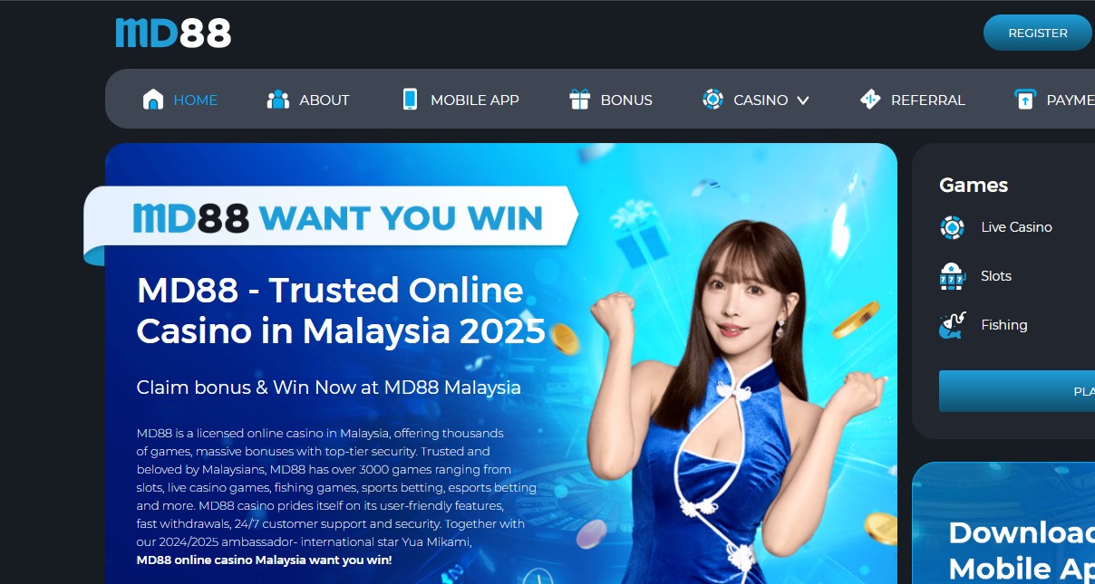 Homepage of MD88 casino presenting extensive live casino content for Malaysian players